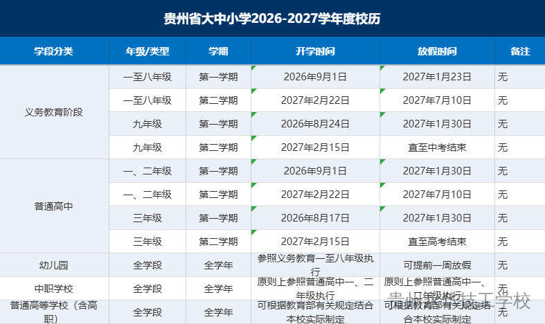 贵州省大中小学2026-2027学年度校历公布（开学及放假时间安排）